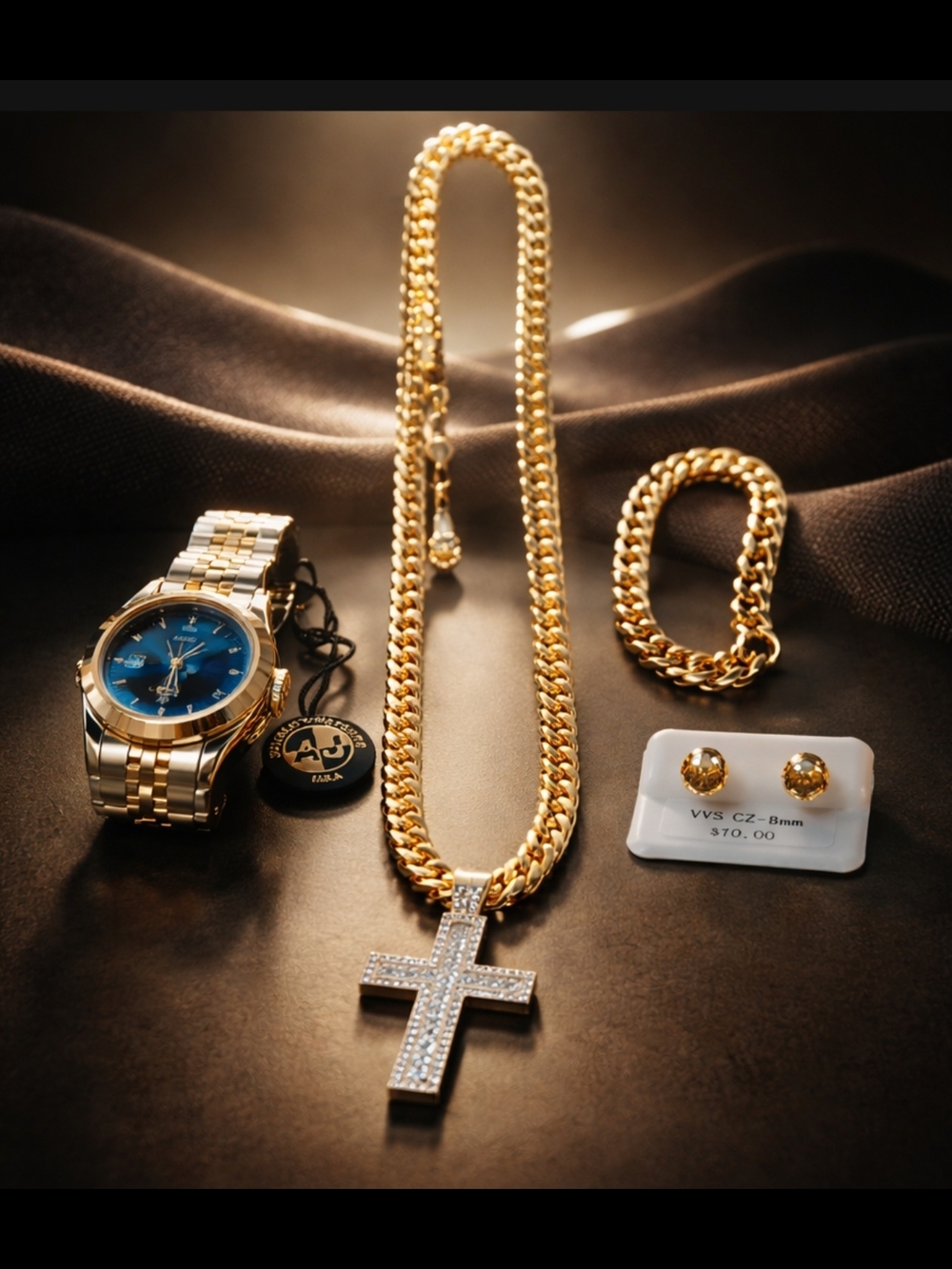Gold Filled Cuban Link Necklace with Cross Pendant and Matching Bracelet